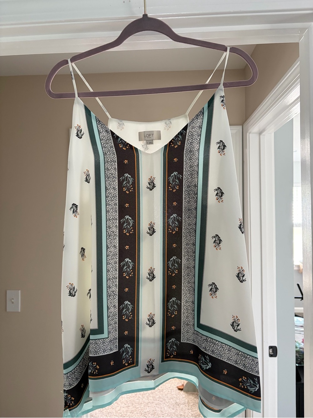 LOFT Off White and Teal Printed Spaghetti-Strap Cami